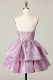 Glitter Light Purple A Line Strapless Tiered Homecoming Dress with Bow