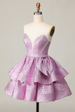 Light Purple A Line Strapless Lace Up Back Tiered Homecoming Dress with Bow