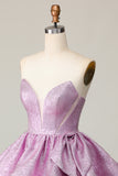 Light Purple A Line Strapless Lace Up Back Tiered Homecoming Dress with Bow
