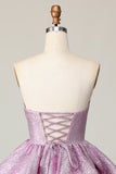Light Purple A Line Strapless Lace Up Back Tiered Homecoming Dress with Bow