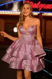 Glitter Light Purple A Line Strapless Tiered Homecoming Dress with Bow