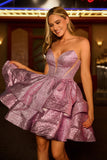 Glitter Light Purple A Line Strapless Tiered Homecoming Dress with Bow