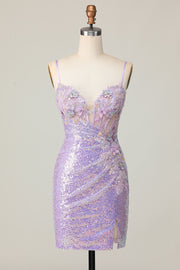 Sparkly Lilac Bodycon Corset Sequins Homecoming Dress with 3D Flowers