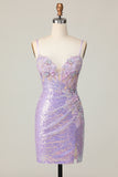 Sparkly Lilac Bodycon Corset Sequins Homecoming Dress with 3D Flowers