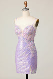 Sparkly Lilac Bodycon Corset Sequins Homecoming Dress with 3D Flowers