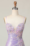 Sparkly Lilac Bodycon Corset Sequins Homecoming Dress with 3D Flowers