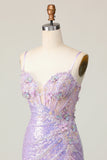 Sparkly Lilac Bodycon Corset Sequins Homecoming Dress with 3D Flowers