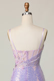 Sparkly Lilac Bodycon Corset Sequins Homecoming Dress with 3D Flowers