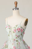 Sage Flower A-Line Corset Homecoming Dress with Lace Up Back