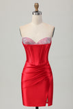 Strapless Red Bodycon Beaded Corset Homecoming Dress with Slit