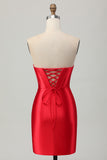 Strapless Red Bodycon Beaded Corset Homecoming Dress with Slit