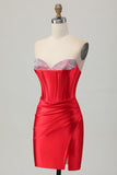 Red Bodycon Strapless Beaded Corset Homecoming Dress with Slit