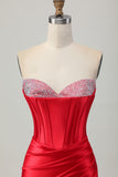 Red Bodycon Strapless Beaded Corset Homecoming Dress with Slit