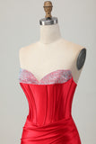 Red Bodycon Strapless Beaded Corset Homecoming Dress with Slit