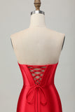 Red Bodycon Strapless Beaded Corset Homecoming Dress with Slit