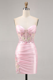 Candy Pink Satin Bodycon Short Corset Homecoming Dress with Appliques