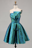 Metallic Peacock Green Ruched Strapless A Line Homecoming Dress