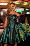 Metallic Peacock Green Ruched Strapless A Line Homecoming Dress