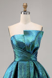 Metallic Peacock Green Ruched Strapless A Line Homecoming Dress