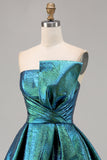 Metallic Peacock Green Ruched Strapless A Line Homecoming Dress