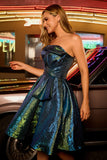 Sparkly Metallic Strapless Peacock Green Ruched A Line Homecoming Dress