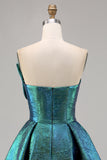Metallic Peacock Green Ruched Strapless A Line Homecoming Dress