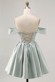 Light Green A-Line Off The Shoulder Corset Homecoming Dress with Beading