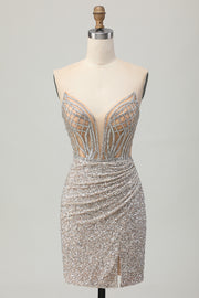 Silver Strapless Bodycon Sequins Homecoming Dress with Slit