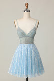Sparkly Light Blue V Neck Sequins A Line Homecoming Dress