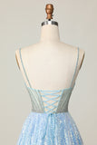 Sparkly Light Blue V Neck Sequins A Line Homecoming Dress