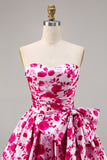 Fuchsia Strapless A Line Short Floral Homecoming Dress with Bow