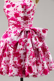 Fuchsia Strapless A Line Short Floral Homecoming Dress with Bow