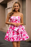 Strapless Fuchsia A Line Floral Homecoming Dress with Bow