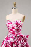 Fuchsia Strapless A Line Short Floral Homecoming Dress with Bow