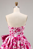 Fuchsia Strapless A Line Short Floral Homecoming Dress with Bow