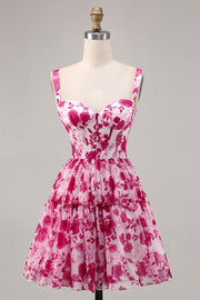 Fuchsia Floral Corset Printed A Line Homecoming Dress