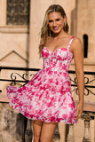 Fuchsia Floral Corset A Line Printed Homecoming Dress