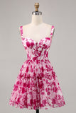 Fuchsia Floral Corset Printed A Line Homecoming Dress