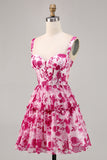 Fuchsia Floral Corset Printed A Line Homecoming Dress