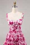 Fuchsia Floral Corset Printed A Line Homecoming Dress