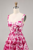 Fuchsia Floral Corset Printed A Line Homecoming Dress