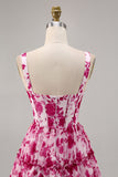 Fuchsia Floral Corset Printed A Line Homecoming Dress