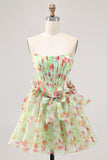 Green Strapless A-Line Floral Corset Homecoming Dress with Bows