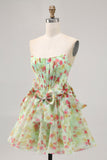 Green Strapless A Line Floral Corset Homecoming Dress