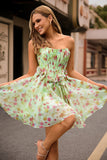 Green Strapless A-Line Floral Corset Homecoming Dress with Bows