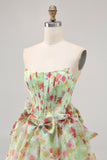 Green Strapless A Line Floral Corset Homecoming Dress