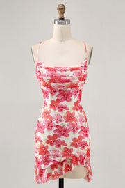 Red Flower Bodycon Spaghetti Straps Printed Mini Homecoming Dress