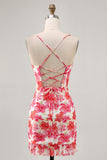Red Floral Bodycon Spaghetti Straps Printed Mini Homecoming Dress
