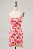 Red Flower Bodycon Spaghetti Straps Printed Mini Homecoming Dress