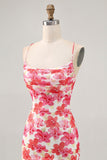 Red Flower Bodycon Spaghetti Straps Printed Mini Homecoming Dress